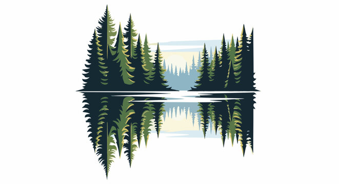 Stylized forest with mirrored reflection on calm water at sunrise