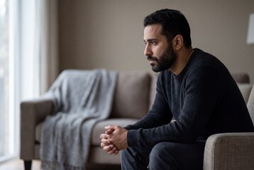 Fototapeta premium Sad Man Sitting Alone at Home Feeling Depressed