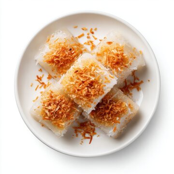 Banh Khoai Mi steamed cassava cake with coconut shreds isolated on a white background