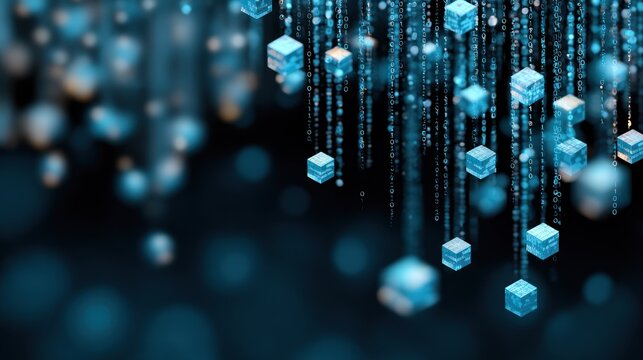 Numerous translucent blue cubes descend through streams of falling binary code against a dark background.