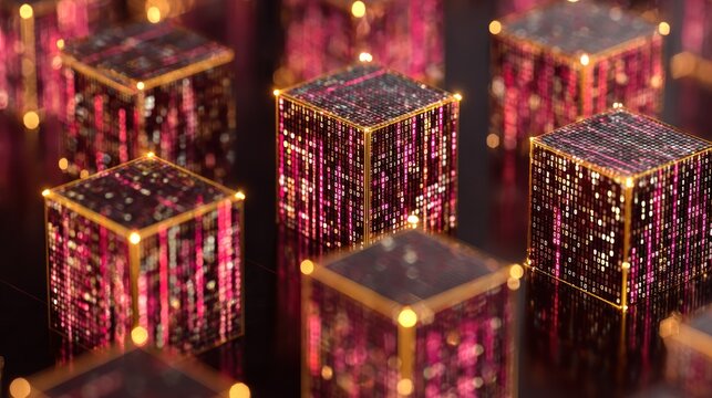 Illuminated digital data cubes glow with vibrant light in a dark, reflective environment