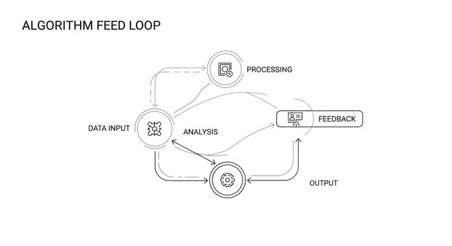 Algorithm feed loop diagram with data input processing and feedback