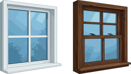 Obraz premium Classic House Window Vector Illustration Set with White and Brown Wooden Frames, Blue Glass Panes for Architecture, Interior, and Home Design Projects