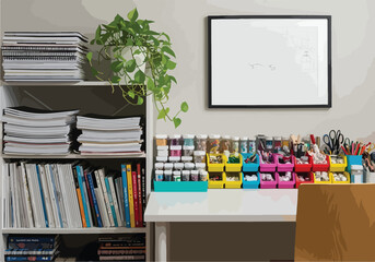 A cluttered workspace with a white desk and bookshelf © Izuna