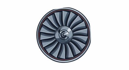 Stylized illustration of a jet engine fan with gray blades and red trim