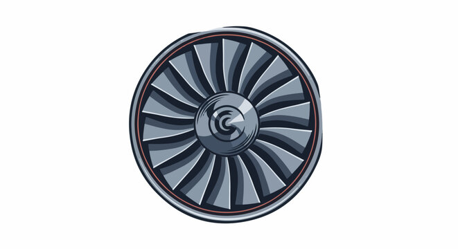 Stylized illustration of a jet engine fan with gray blades and red trim