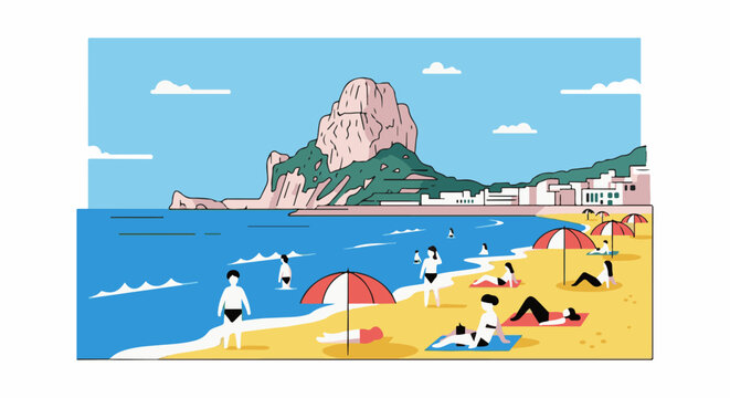 Stylized illustration of a vibrant beach scene with people relaxing and swimming