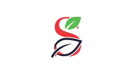 Obraz premium Stylized letter 'S' with red flourish, green leaf, and blue outlined leaf