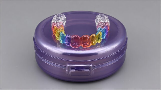 Transparent dental aligner featuring a vibrant rainbow gradient rests atop a closed purple plastic storage container.