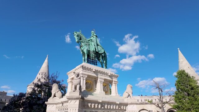 Budapest, Hungary &ndash; May 2, 2026: Equestrian statue of Saint Stephen overlooking Fisherman&rsquo;s Bastion in the Castle District