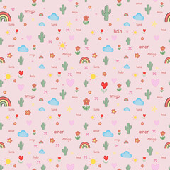 Cute Pastel Seamless Pattern with Cactus Rainbow Flowers and Spanish Words © Audya
