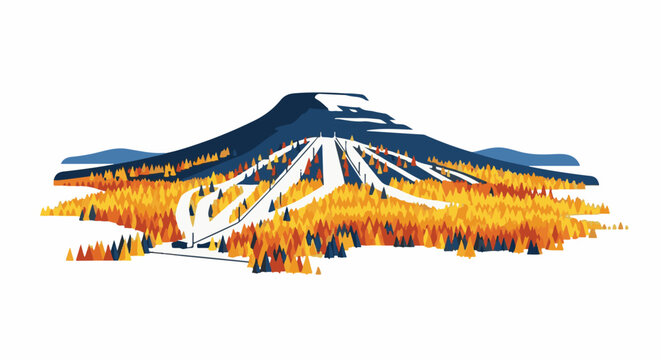 Stylized mountain ski resort with autumn forest foliage and blue lake