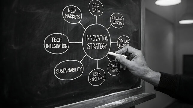 Hand drawing innovation strategy mind map on blackboard with innovation