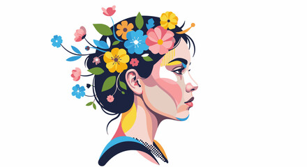 Naklejka premium Stylized profile portrait of a woman with flowers in her hair