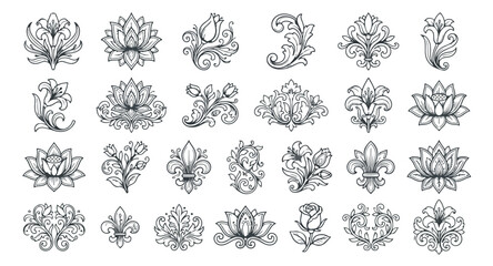 Vintage floral ornaments set, 24 black line art lotus and lily icons, elegant damask fleur de lis decorative elements for wedding invitations © Noman