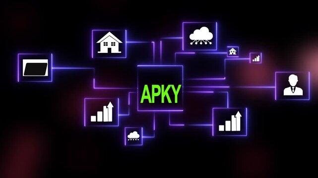 Digital network infographic featuring glowing neon representing apky software development, cloud computing infrastructure, business growth analytics, and modern corporate connectivity solutions
