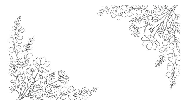 Hand drawn wildflower corner borders, botanical line art floral frame, black and white meadow flower vector illustration for wedding stationery
