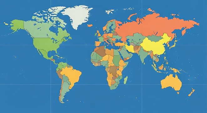 World map showing global continents and oceans in vivid colors.