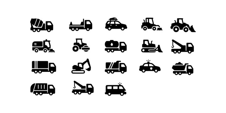Icon set collection of various heavy machinery, construction vehicles, and specialized transport trucks designed for industrial and site work projects.