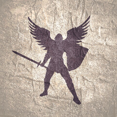 Obraz premium Dark fantasy angel warrior silhouette. Gothic demon knight mythical fighter with wings. Heroic fantasy character.