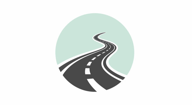 Stylized winding road with white dashed lines and a pale green background oval