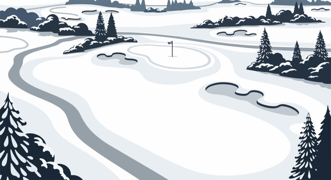 Stylized winter golf course with snow-covered fairways and bunkers