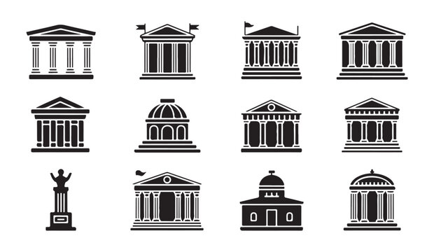 Classic greek temple icons and government building silhouettes with columns and rotunda.