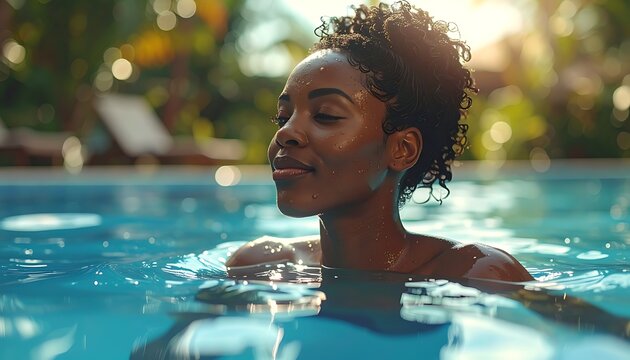 A woman with dark skin and curly hair in a pool