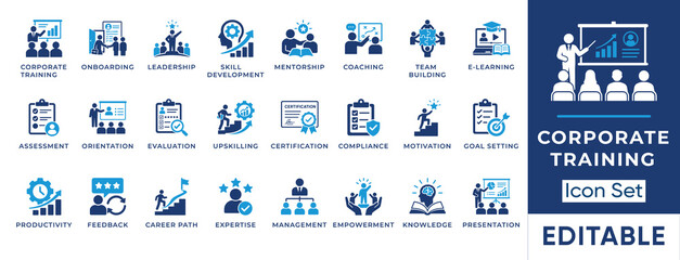 Corporate training and employee development solid icon set. Includes symbols for Onboarding, Upskilling, and Compliance. Vector icons for HR management, coaching presentations, and e-learning. © SM -Studio