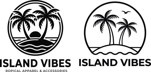 Tropical Island Vibes Logo Design with Palm Trees and Sunset © Natural flower 