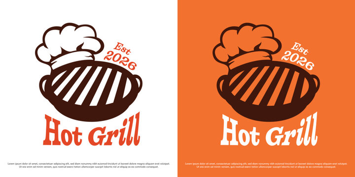 Hot grill chef logo design illustration vector. Grill pan with chef hat and fire silhouette. Restaurant barbecue kitchen icon symbol.