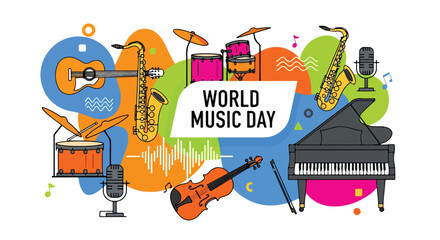 A colorful World Music Day graphic with musical instruments © Jinbe