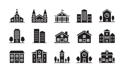 Fototapeta premium Set of city buildings including churches residential houses and municipal structures.