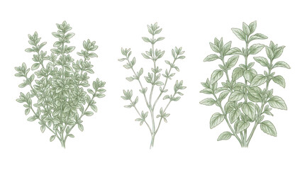 Fototapeta premium Three handdrawn botanical illustrations depicting fresh green aromatic kitchen herbs on a transparent background transparent background