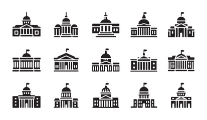 Fototapeta premium Set of government building black glyph icons representing capitol and parliament structures.