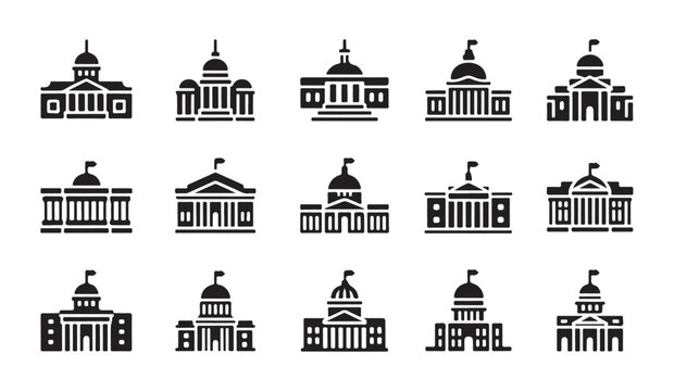 Set of government building black glyph icons representing capitol and parliament structures.