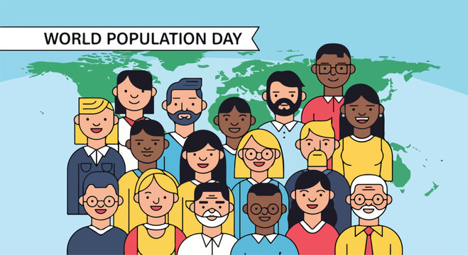 A diverse group of people in front of a world map