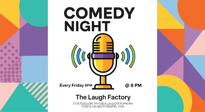 A comedy night event poster with colorful geometric background
