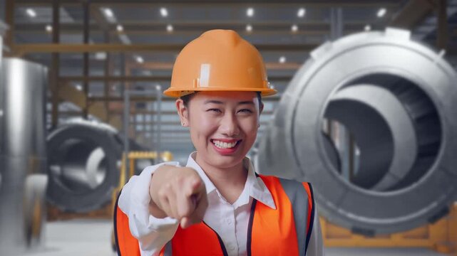 Close Up Of Asian Female Engineer With Safety Helmet Smiling And Touching Her Chest Then Pointing At You While Standing at Heavy Factory with Large Turbine Components