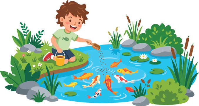 Kid flat vector for boy feeding pond fish nature hobby