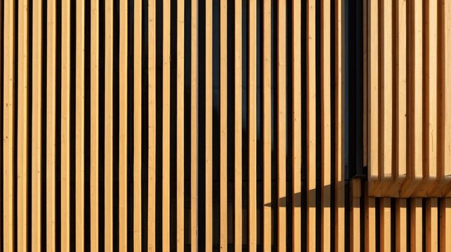Vertical wooden slats create a textured facade with contrasting shadows under bright sunlight