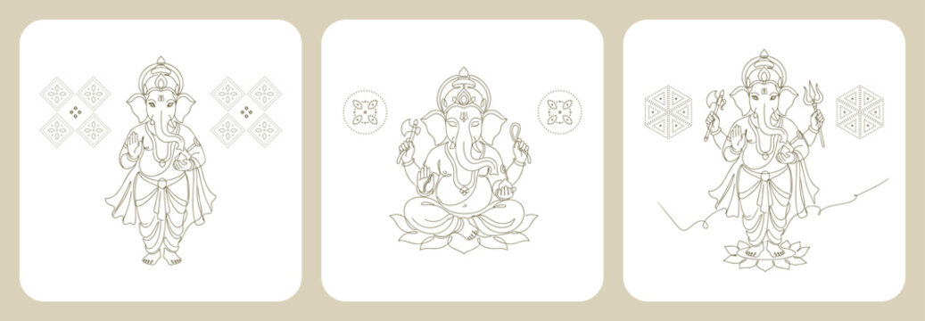 Lord Ganesh Line Art Minimal Festival Vector Set for Ganesha Chaturthi Greeting Post