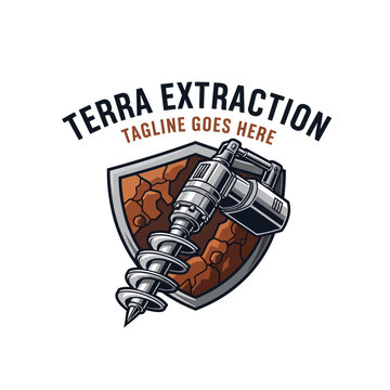 Rugged logo design featuring a mechanical drill bit on a shield background, ideal for mining operations, heavy construction, and earthworks companies.