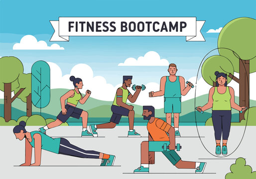 A fitness bootcamp scene with people exercising outdoors