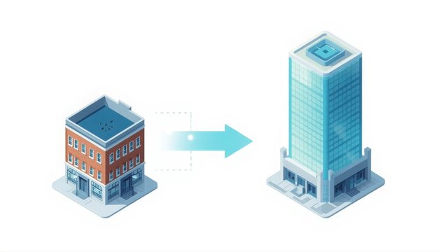 Isometric concept of urban redevelopment small building to modern skyscraper with building skyscraper development isometric architecture construction renovation transformation business