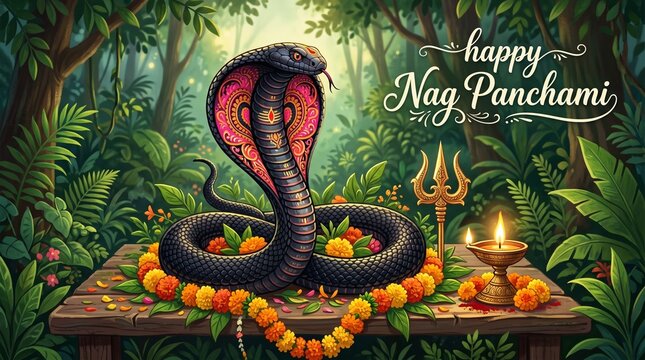 Happy Naag Panchami Illustration with Cobra and Traditional Indian Design