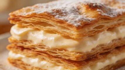 Close Up of Crispy Layered Cream Pastry with Powdered Sugar and Flaky Texture
