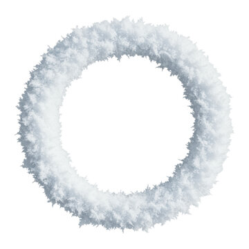 A perfectly circular, thick frame composed of detailed crystalline, fluffy snow, viewed in a macro flat lay against a high-key transparent background. Concept of elegant winter abstraction