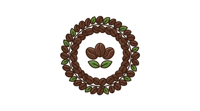Circular Coffee Bean Wreath with Three Beans and Leaves.