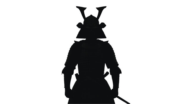 Samurai in full traditional armor stands motionless with hands at sides, embodying the disciplined spirit of ancient Japanese warriors in a clean and stark black silhouette on a white background.